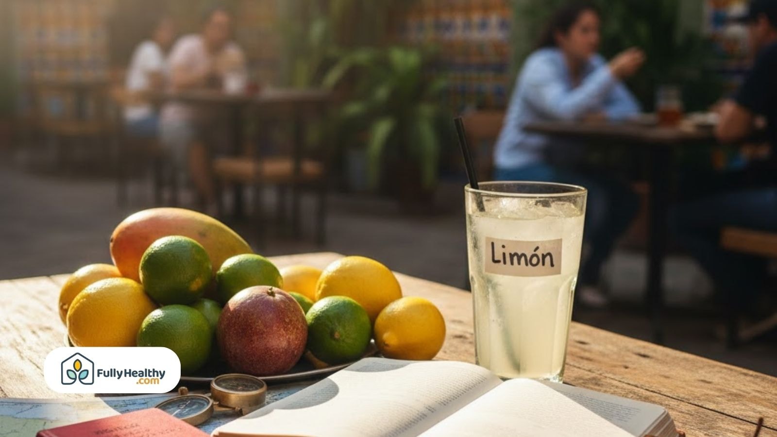 Glass of limón drink with tropical fruits on outdoor café table