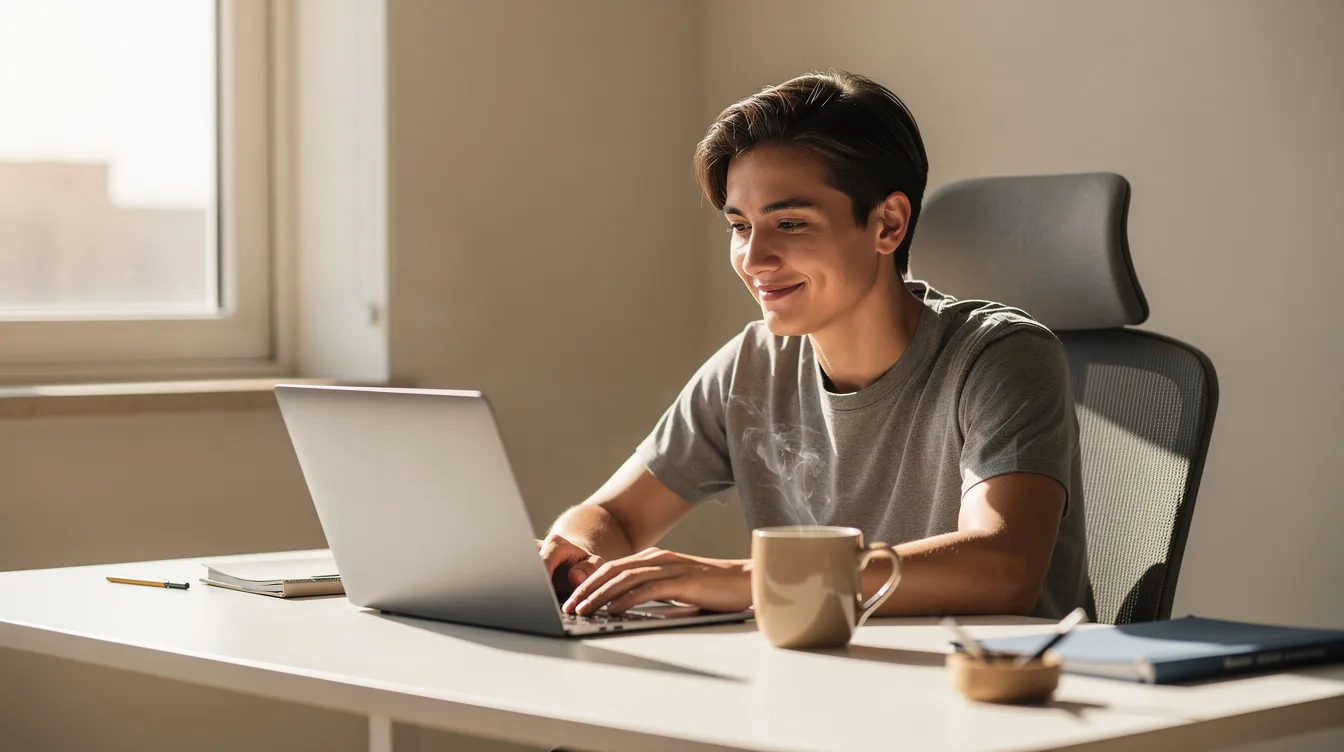 A person sits at a clean desk, focused and relaxed while working on a laptop, with a cup of coffee beside them, all illuminated by natural light. The scene conveys a sense of calm productivity, possibly hinting at the use of dietary supplements like mushroom gummies for enhanced mental clarity.