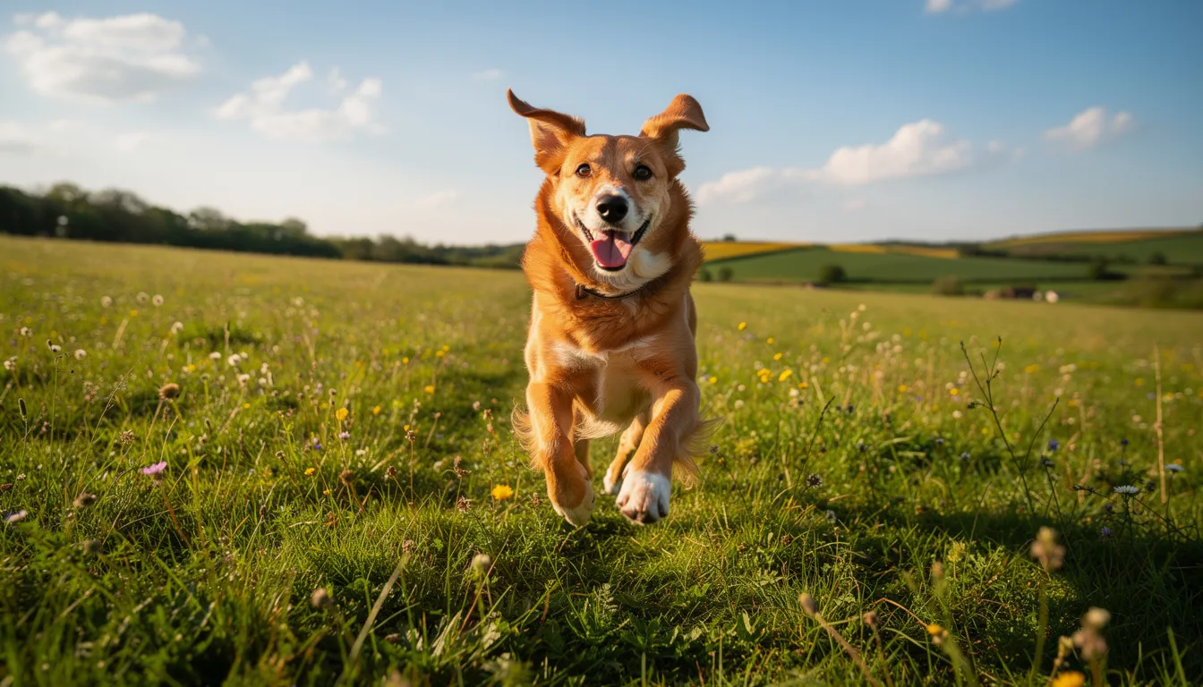 Zdrowy, energiczny pies biega radośnie po zielonej łące w słoneczny dzień, ciesząc się swobodą i ruchem. Jego dobry stan zdrowia jest ważny, aby uniknąć problemów takich jak zapalenie jelit u psa czy inne choroby układu pokarmowego.