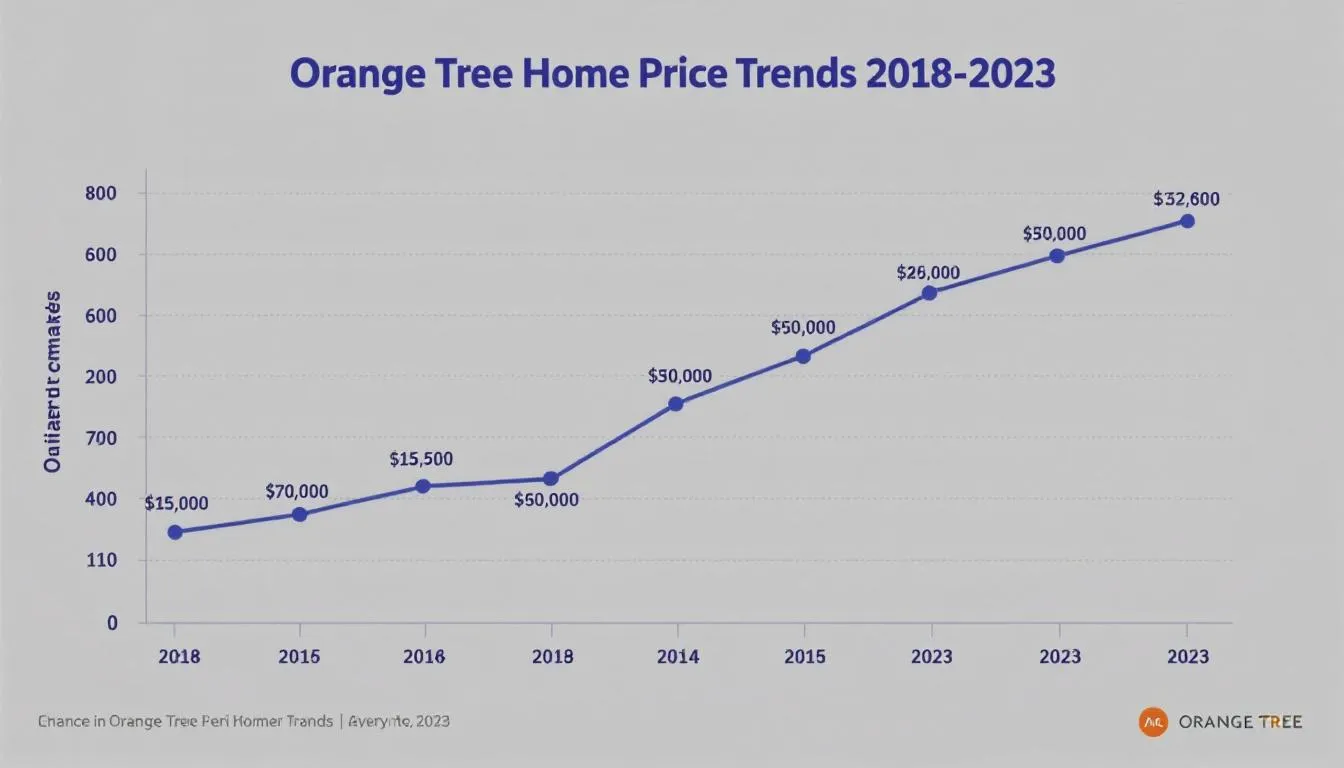 The image depicts a chart illustrating home price trends in Orange Tree communities in Naples, FL, showcasing the fluctuations over recent years. The data highlights the tranquil residential community's real estate market, which features luxurious dream houses with spacious corner lots and resort-style amenities.