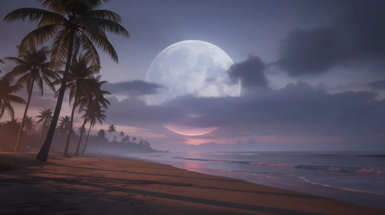 Die Weitwinkelaufnahme zeigt einen tropischen Strand bei Dämmerung, an dem ein riesiger, kugelförmiger Himmelskörper am Horizont aufgeht. Palmen werfen lange Schatten und die Atmosphäre ist sowohl bedrohlich als auch schön, was an die spannungsgeladene Stimmung im Star Wars Universum erinnert.