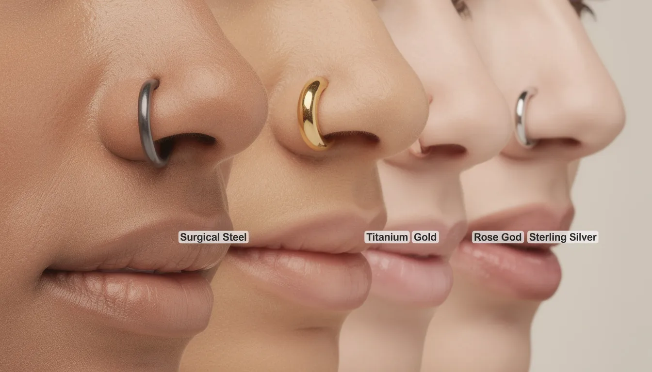 The image showcases a variety of nose jewellery options, including nose studs and hoops made from materials like surgical steel, titanium, gold, and silver. Each piece is designed for both style and comfort, appealing to those looking for elegant body jewellery that suits their personality.