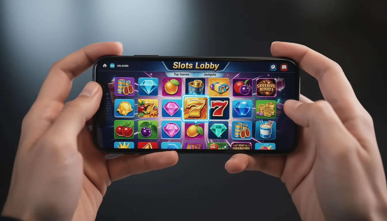 The image shows a pair of hands holding a smartphone that displays a vibrant gaming interface featuring various slot game selections, inviting users to explore their options. The screen showcases colorful graphics and icons typical of a gaming experience.