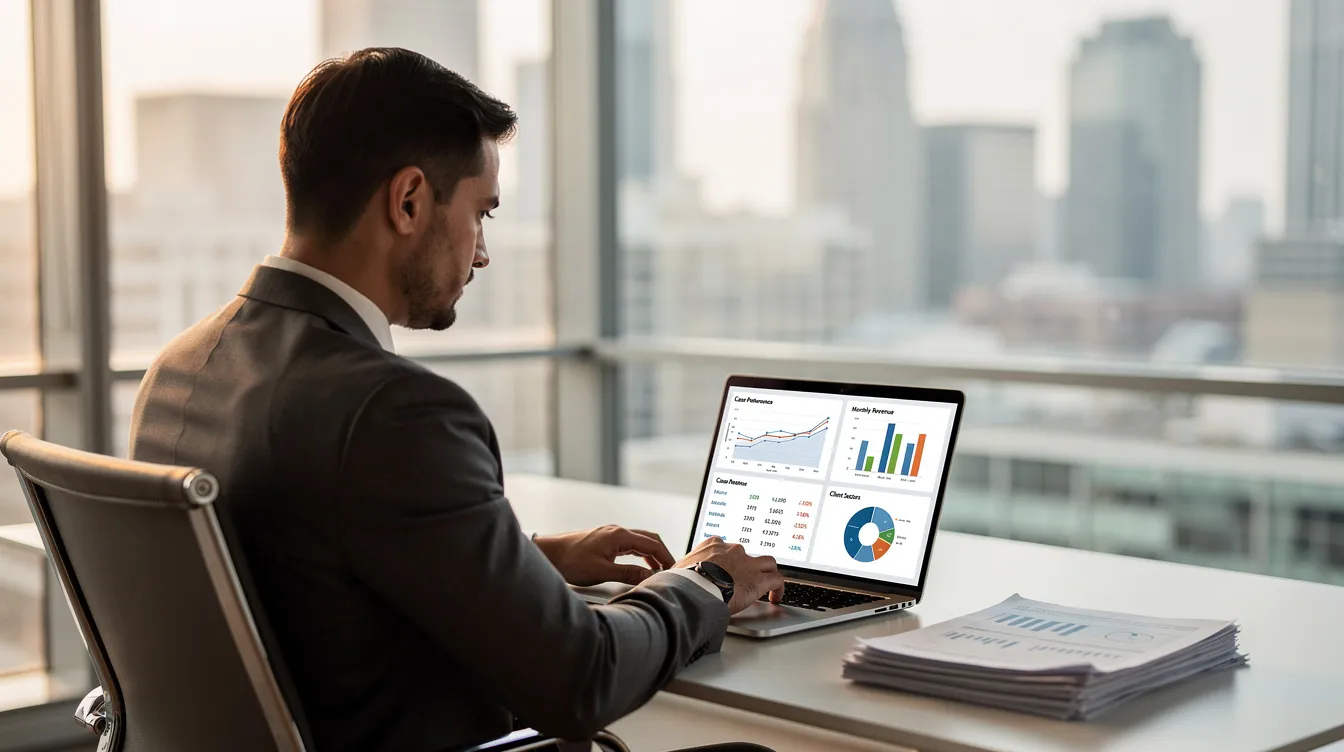 An attorney is focused on their laptop in a modern office, with analytics and data related to law firm SEO displayed on the screen, highlighting strategies for improving search visibility and attracting potential clients. The environment reflects a professional atmosphere, emphasizing the importance of high-quality content and community involvement in legal practice areas such as personal injury and family law.