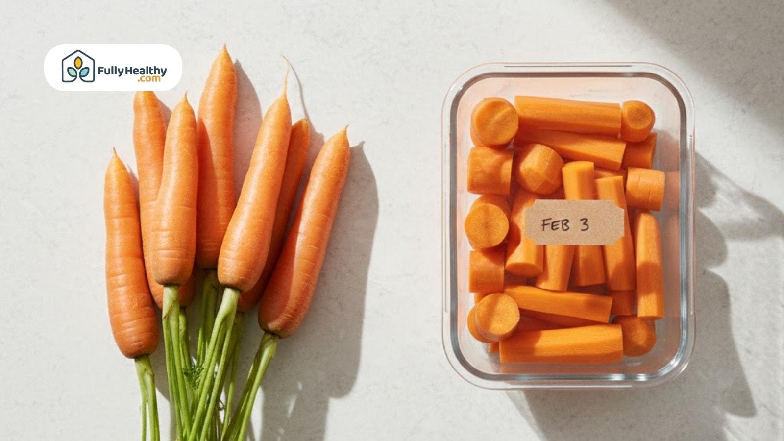 Fresh whole carrots beside chopped carrots stored in labeled glass container