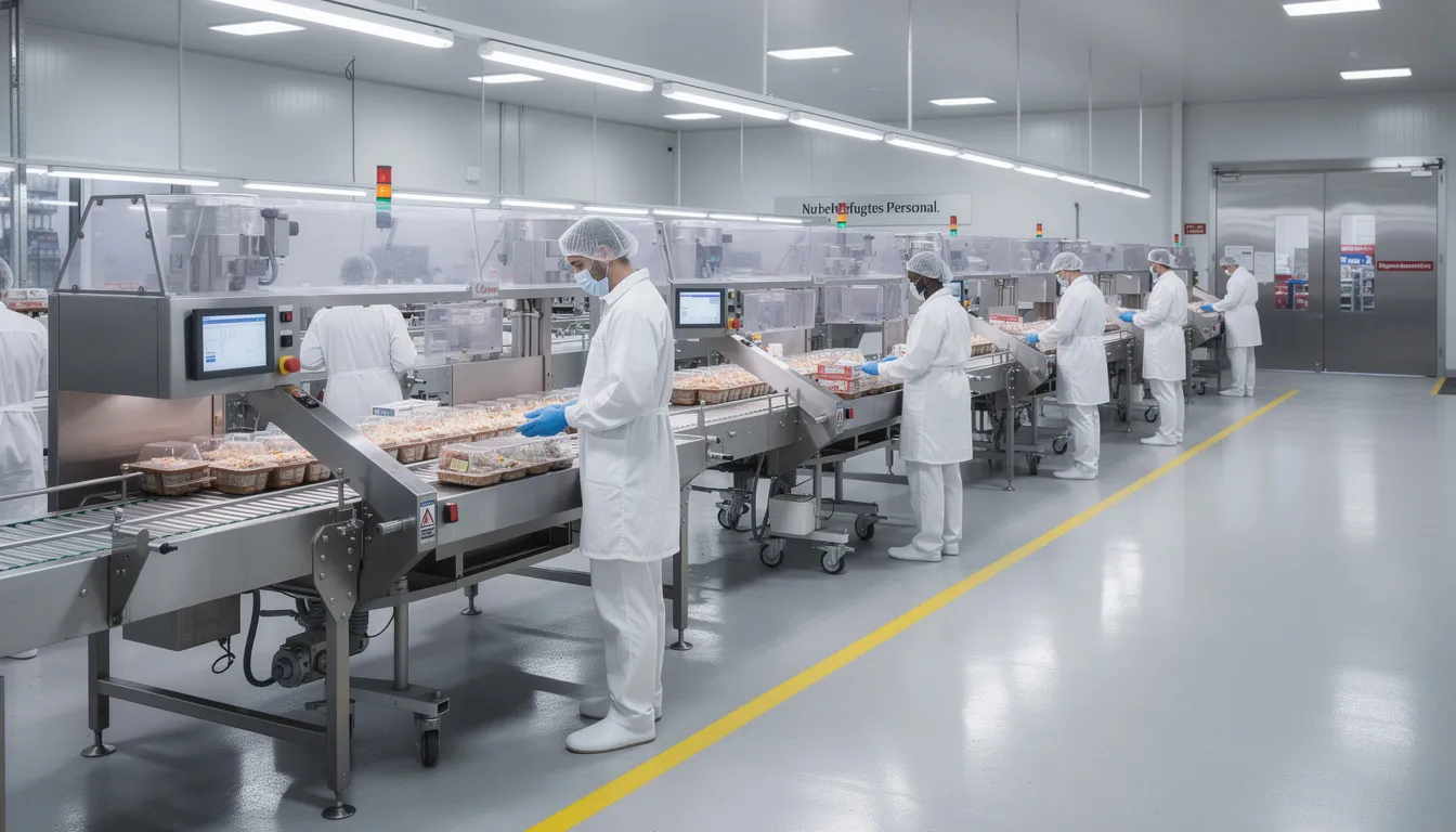 Die moderne Verpackungslinie bei COGA Lohnabfüllung zeigt Förderbänder, auf denen getrocknete Lebensmittel effizient abgefüllt und verpackt werden. Mitarbeiter in Schutzkleidung sorgen für Qualität und Lebensmittelsicherheit.