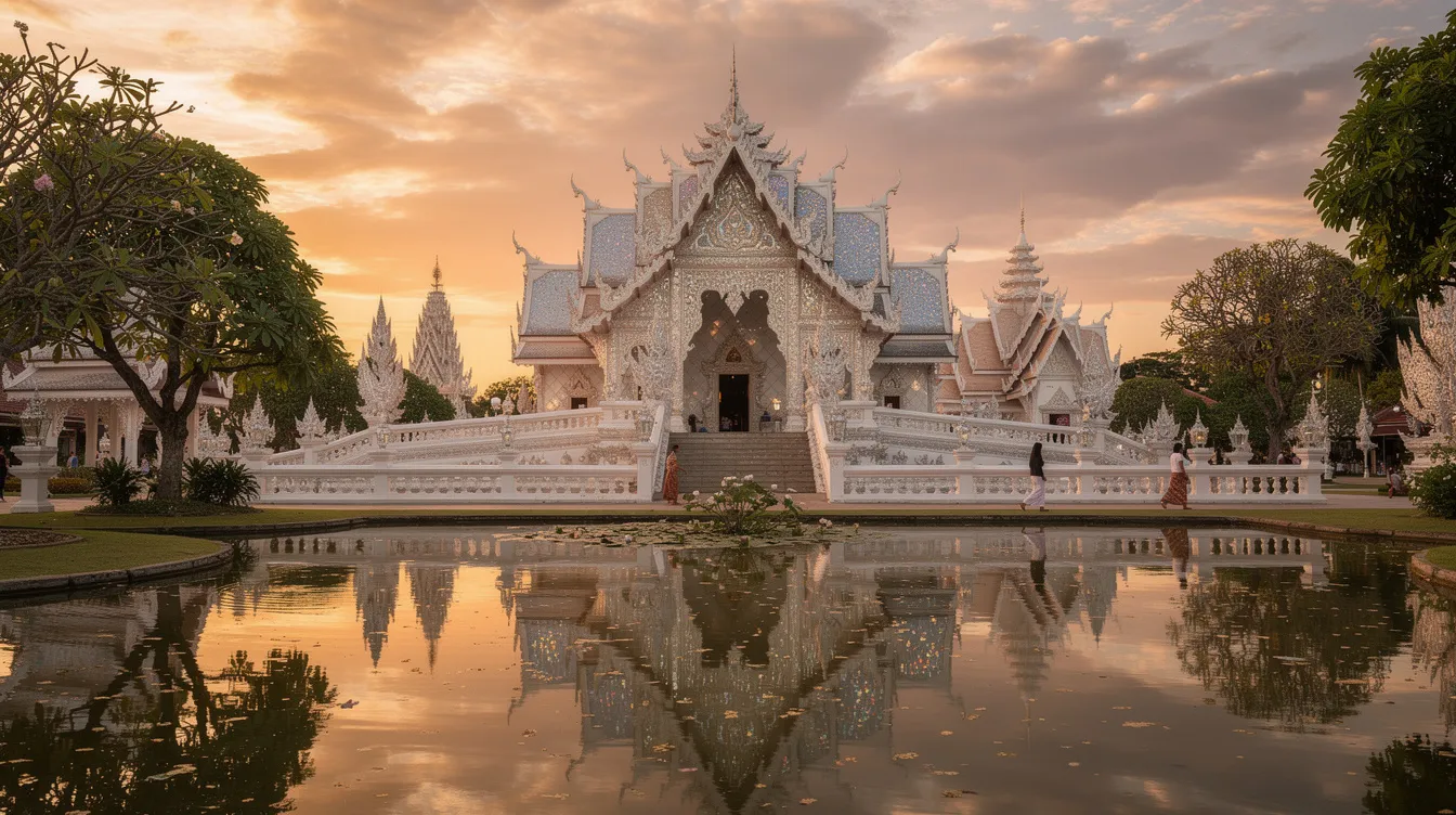 A imagem retrata a cidade de Chiang Rai, na Tailândia, conhecida por seus templos impressionantes e rica cultura. Ao fundo, é possível ver a famosa construção do Wat Phra Kaew, um importante ponto turístico que atrai visitantes de todo o mundo.