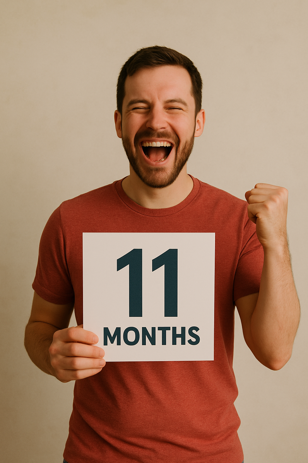 A person celebrating 11 months sober with a joyful expression.