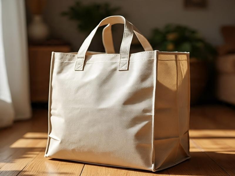 An image showing a plain canvas reusable shopping bag standing upright on a wooden floor with sunlight streaming in, against a blurred indoor background.