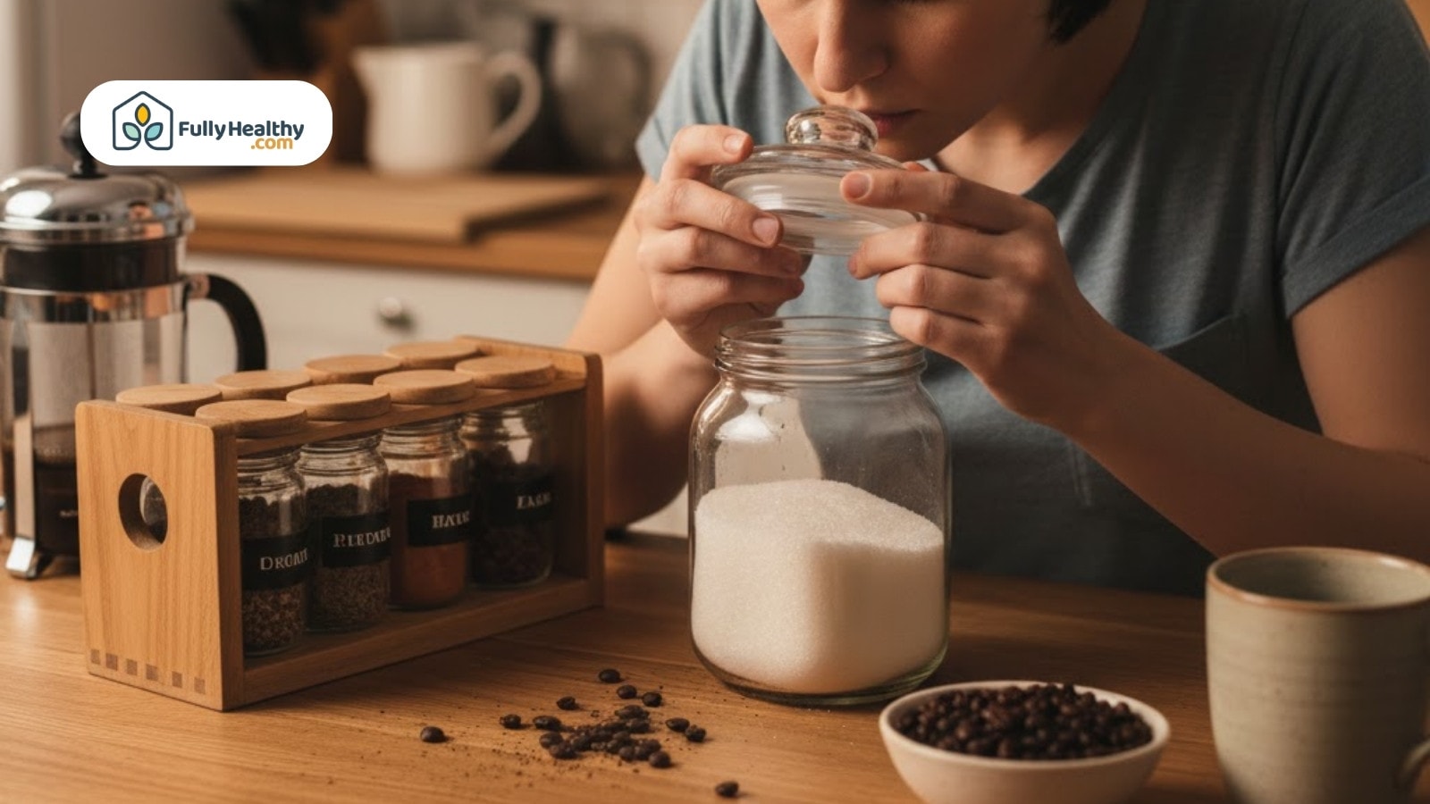 Woman opening sugar jar near spice rack and scattered coffee beans