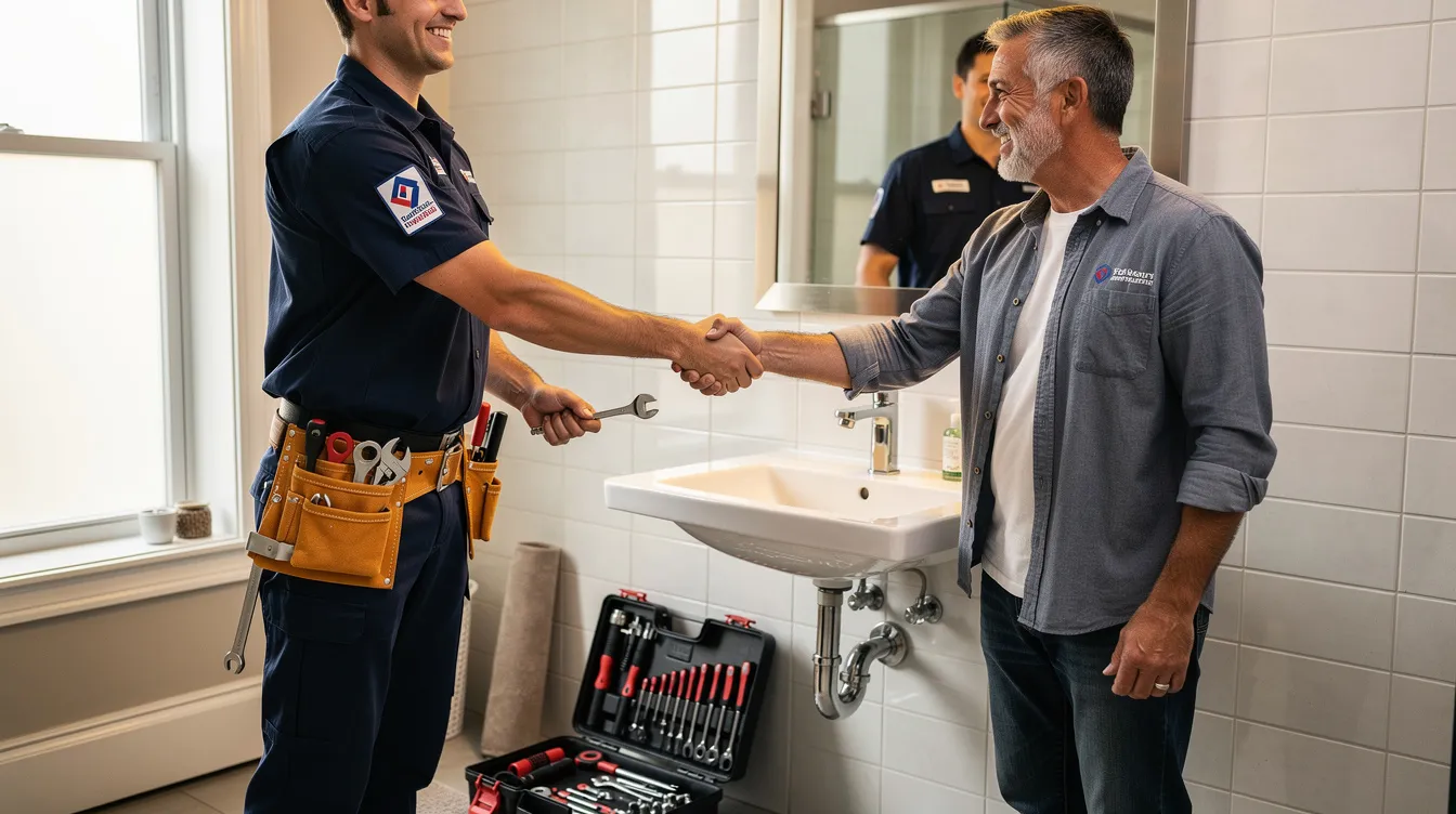 A professional plumber is shaking hands with a satisfied homeowner after successfully completing drain repair services, showcasing a positive interaction following the resolution of drain problems. The scene highlights the importance of expert technicians in maintaining plumbing systems and ensuring reliable service.