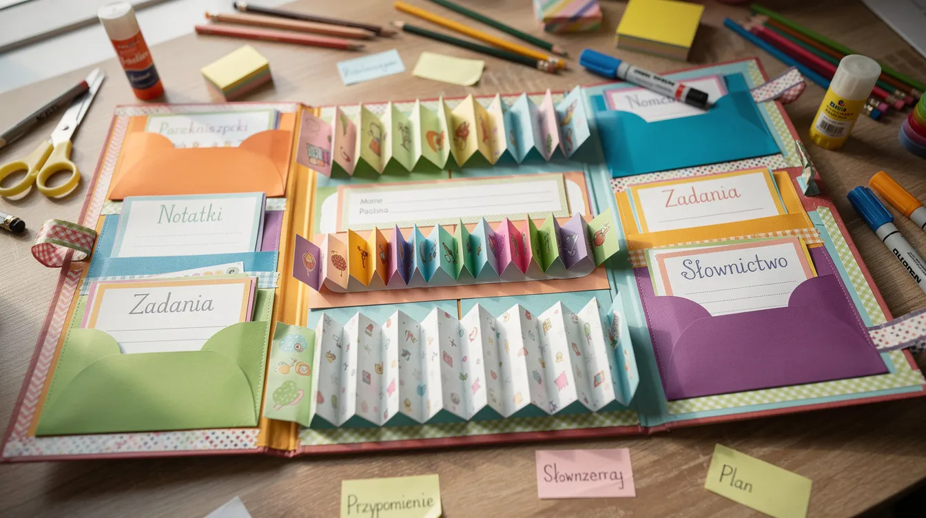 Na biurku rozłożony jest kolorowy lapbook, kt&oacute;ry zawiera kieszonki i harmonijki, idealny do omawiania lektury o mikołajku. Dzięki r&oacute;żnorodnym kartom oraz ilustracjom, uczniowie mogą w przyjemny spos&oacute;b zrozumieć treści i analizować postacie literackie.