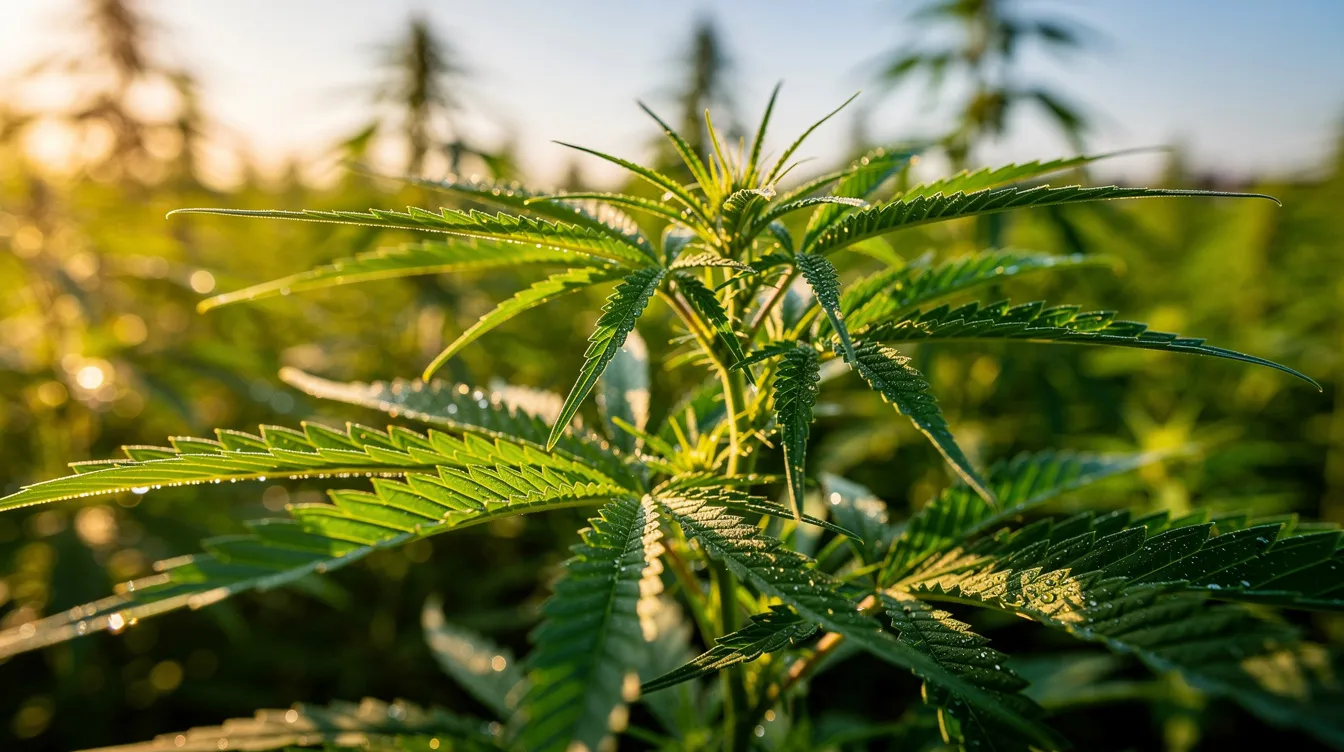 The image shows a close-up view of vibrant green hemp plants thriving in a sunlit field, highlighting the rich texture of the leaves. This scene reflects the growing interest in hemp-derived products, as well as the evolving legal status of cannabis regulation under federal law and state laws like the Illinois Industrial Hemp Act.