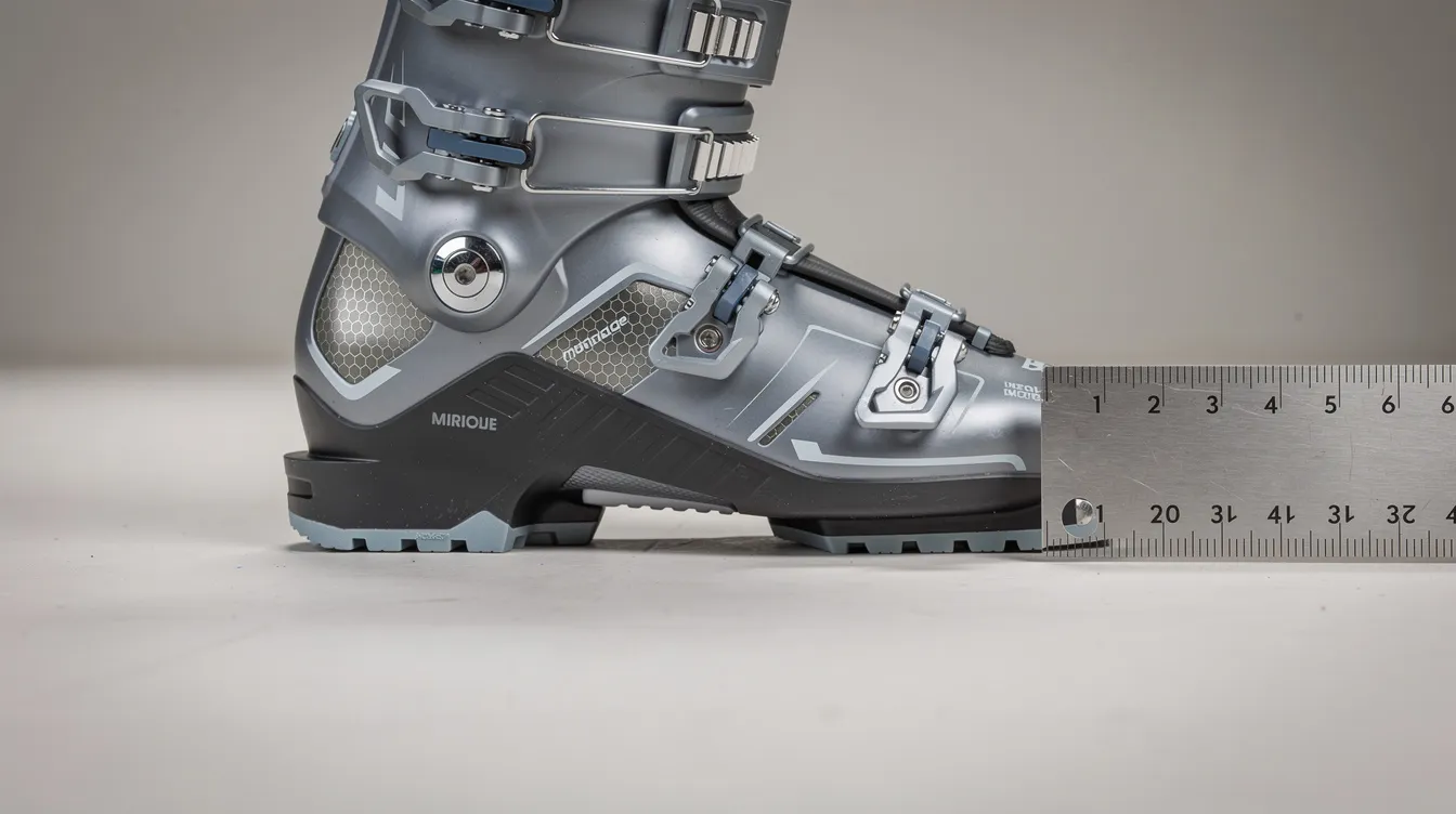 Eine Nahaufnahme eines Skischuhs, der auf ebenem Boden liegt, zeigt ein Metalllineal, das an der Ferse und der Zehenspitze der Sohle anliegt, um die Sohlenlänge zu messen. Diese Darstellung verdeutlicht die genaue Größe und Passform des Skischuhs, was für die Auswahl der richtigen Skischuhgröße wichtig ist.