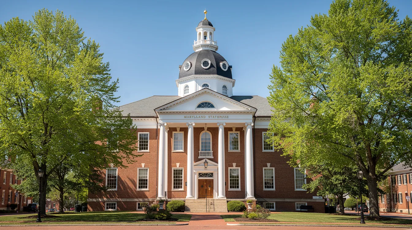 The image depicts the Maryland State House, a historic building with a distinctive dome, surrounded by lush green trees under a clear blue sky. This iconic structure is a symbol of Maryland law and governance, where important legislation, including those related to hemp derived products and cannabis reform, is discussed and enacted.