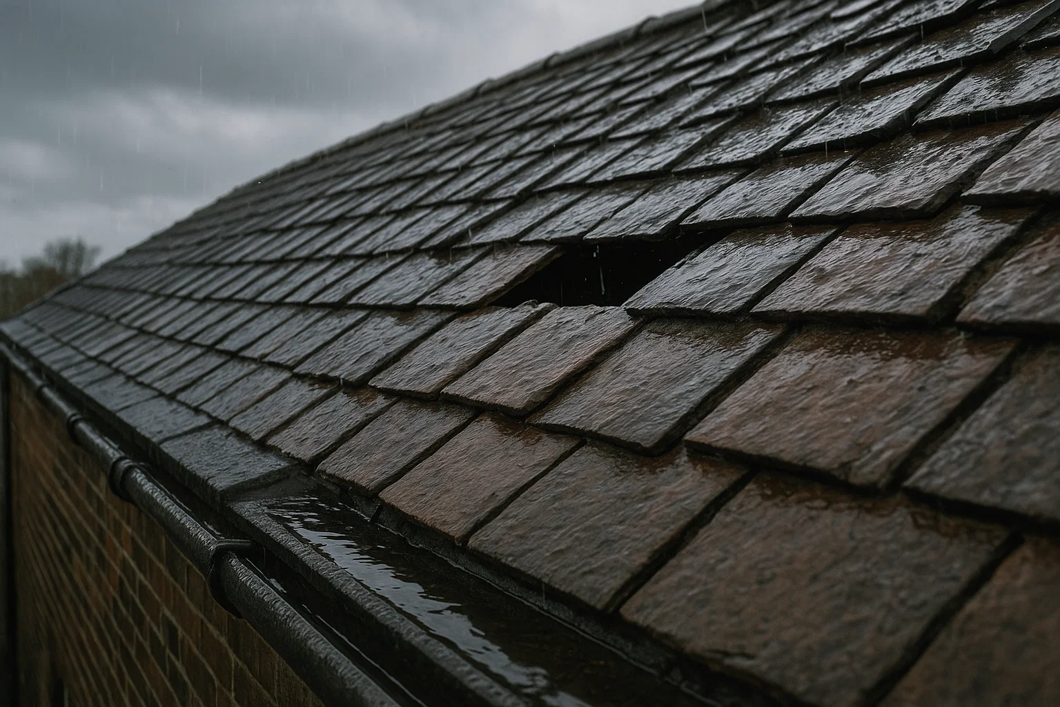 Rain-soaked roof with missing tiles and blocked gutters showing common causes of roof repairs in the UK.