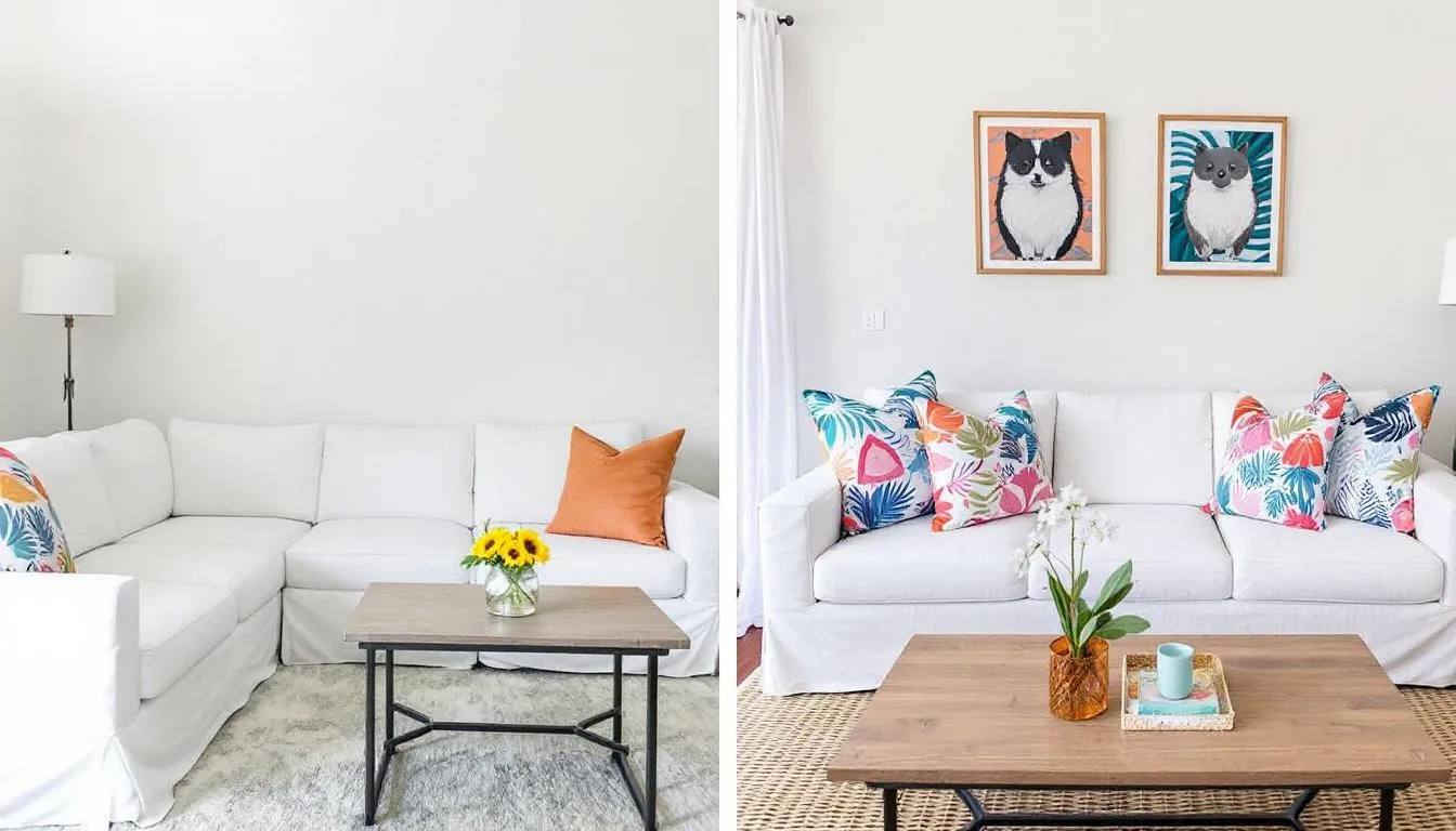Before and after images showing how custom pillows transformed a vacation rental's photo gallery, highlighting the visual impact of decorative elements.