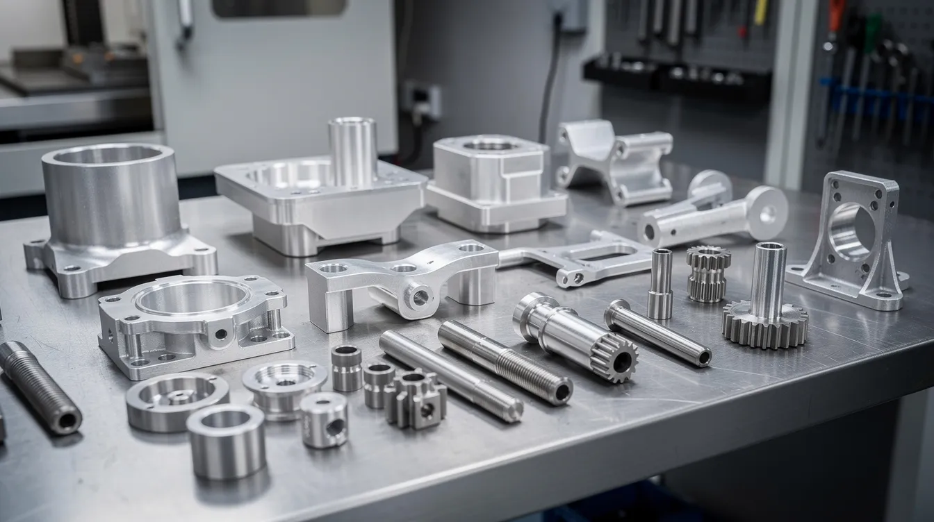 An assortment of precision CNC machined aluminum and stainless steel prototype parts is neatly arranged on a metal workbench, showcasing a variety of functional prototypes created using advanced manufacturing technologies. This image highlights the capabilities of rapid prototyping services in producing high-quality, production-ready components for diverse industries.