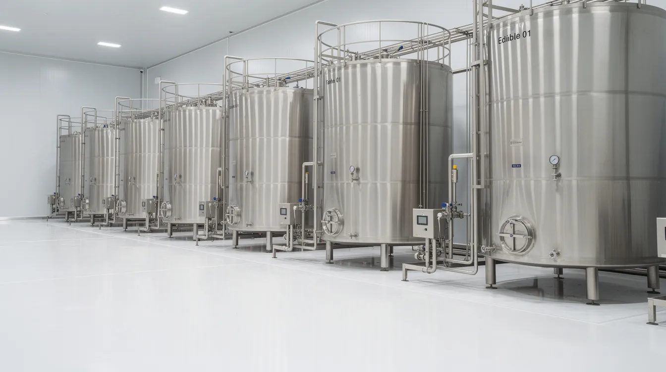 d7dde554 706c 4d08 b45b 8513253b1b76 The image features stainless steel oil storage tanks within a clean and organized edible oil manufacturing facility, highlighting the essential infrastructure of the edible oil industry. This setup is crucial for the production process of various cooking oils, such as sunflower, soybean, and olive oil, ensuring high-quality storage and processing in the edible oil manufacturing business.