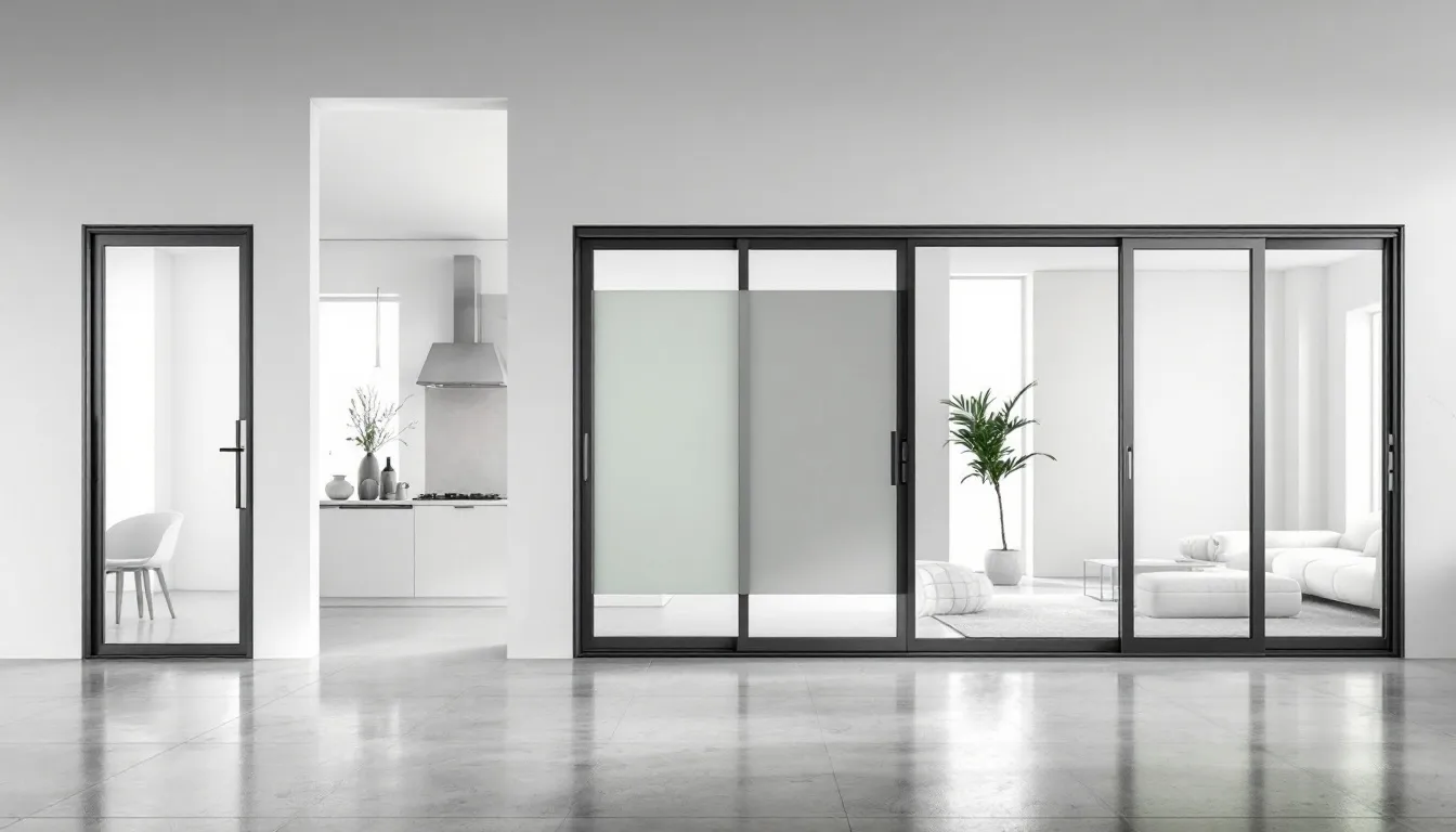 Common sliding glass door sizes displayed in a showroom.