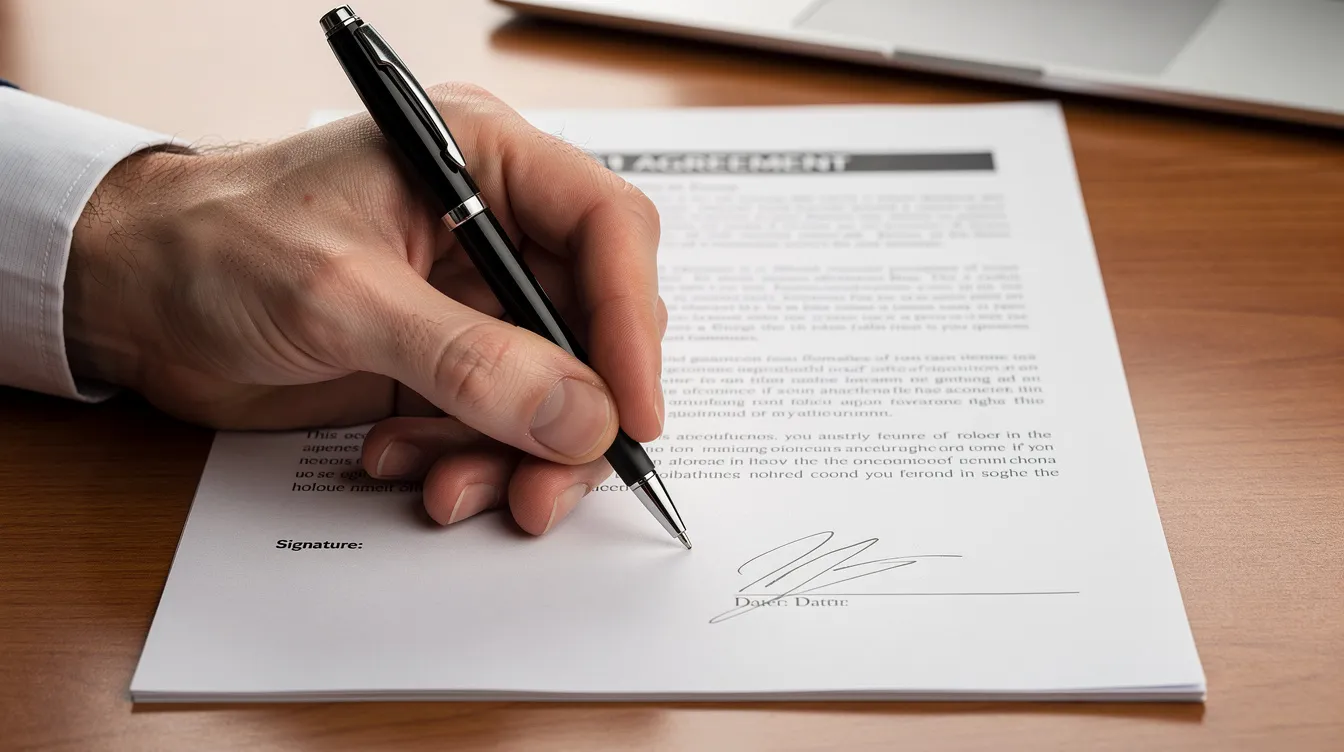 d7de45ba 2451 43ce a9b2 bf8a26fc9014 A close-up image captures a person's hand signing a formal banking document, likely related to a loan application under the Pradhan Mantri Mudra Yojana. The document may include details about the loan amount and requirements for successful verification.