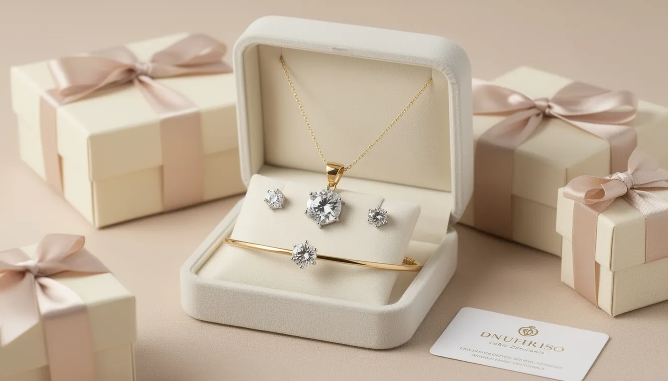 The image features a cubic zirconia gift set that includes a stunning necklace, matching stud earrings, and a bracelet, all elegantly displayed in a luxurious gift box. Crafted from high-quality materials like 9ct gold and sterling silver, this jewellery set is perfect for special occasions such as birthdays and anniversaries.