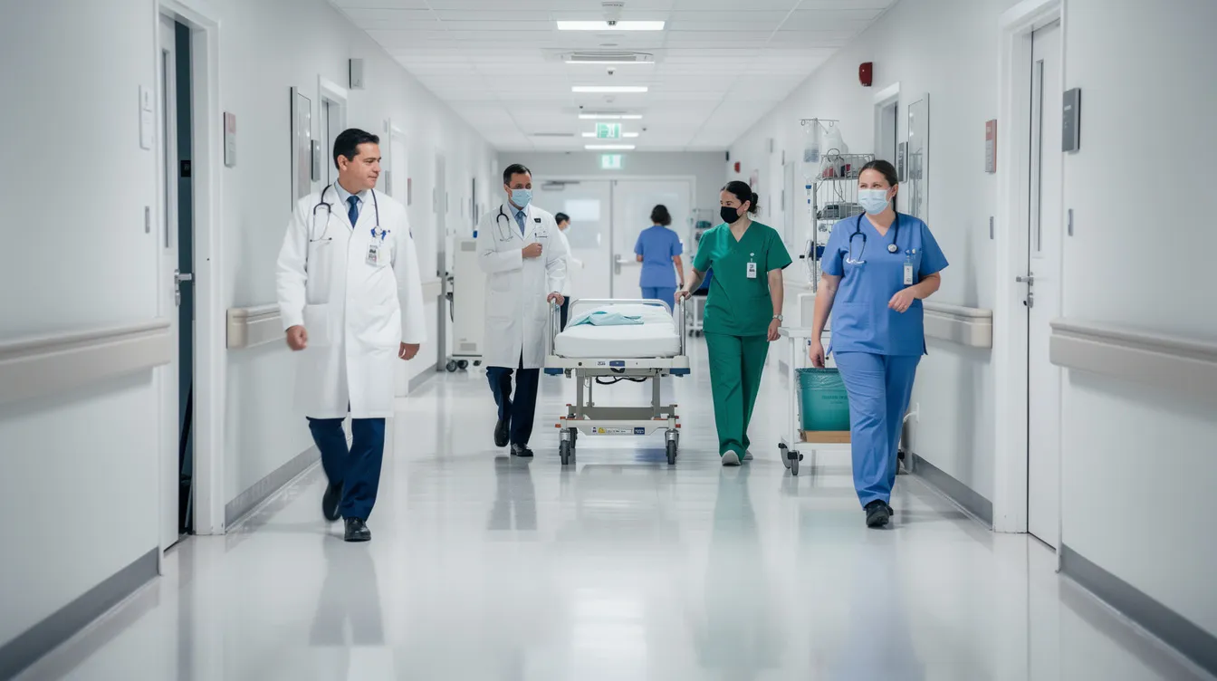 The image depicts a busy hospital hallway where various medical professionals are walking, showcasing the dynamic environment of healthcare. This scene highlights the importance of vigilant medical practices to prevent medical errors and potential medical malpractice cases.