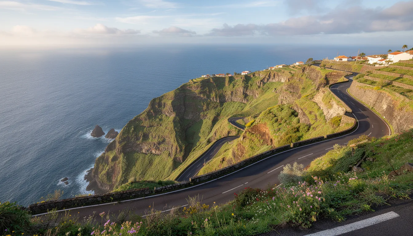 Une vue panoramique d'une route sinueuse de montagne à Madère, avec l'océan scintillant en arrière-plan. Ce paysage spectaculaire invite à la location de voitures pour explorer l'île, offrant une liberté inégalée pour découvrir ses magnifiques panoramas.