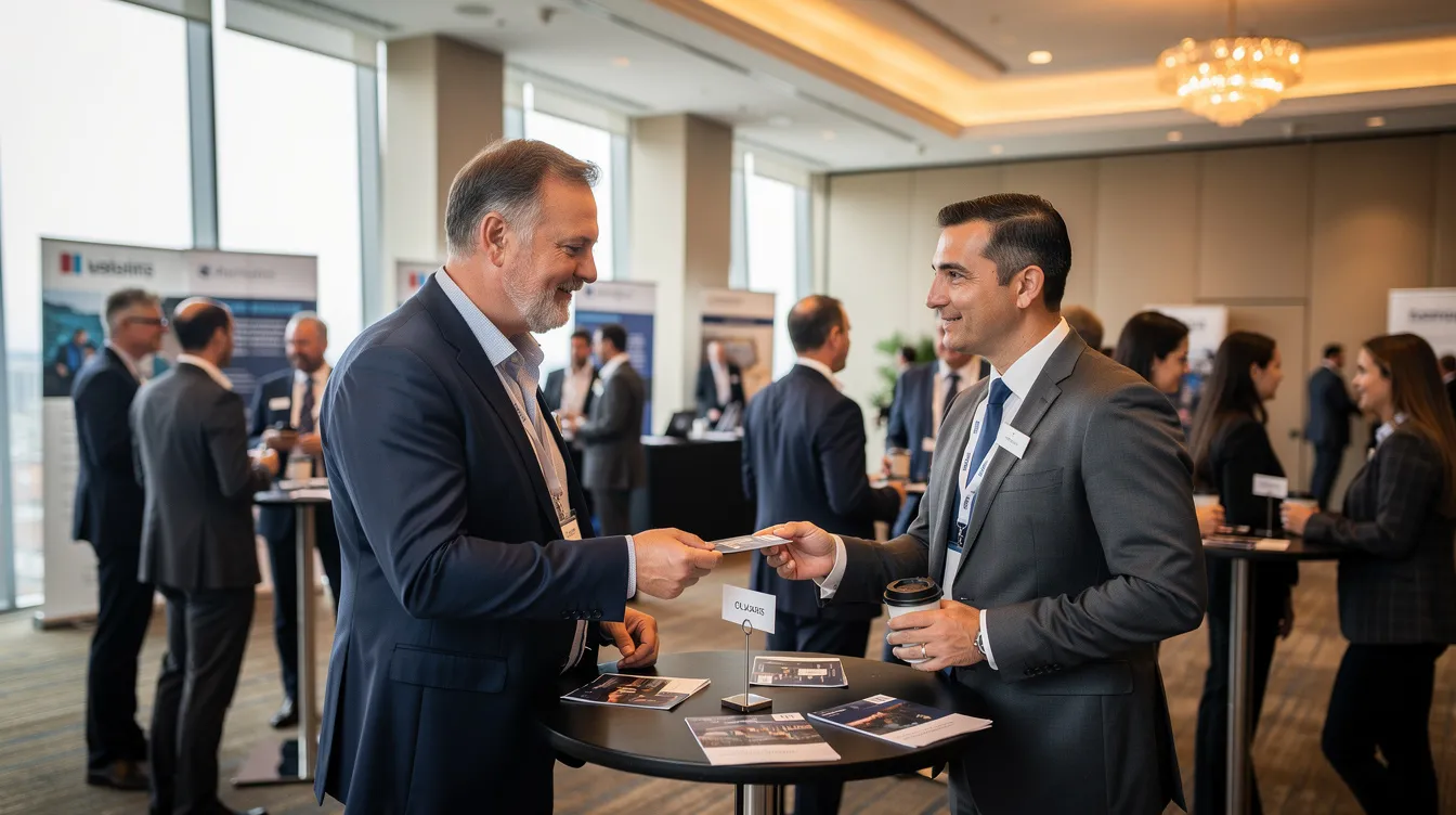 The image depicts a bustling conference event hall where professionals are actively networking, exchanging business cards, and engaging in discussions about effective sales sequences and value propositions. Attendees, including sales reps and marketing operations teams, are focused on building connections and addressing specific pain points relevant to their industries.