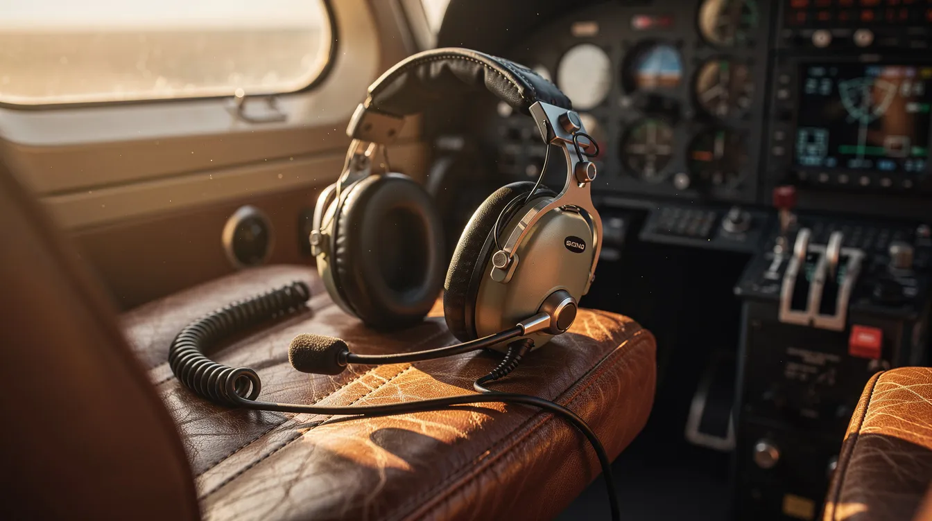 A pilot headset is resting on a cockpit seat, illuminated by sunlight streaming through the aircraft's windows, creating a serene atmosphere that evokes the focus and dedication required for flight proficiency standards as outlined by the Federal Aviation Administration (FAA). The scene captures the essence of aviation readiness, emphasizing the importance of aeronautical knowledge and risk management for aspiring private pilots.