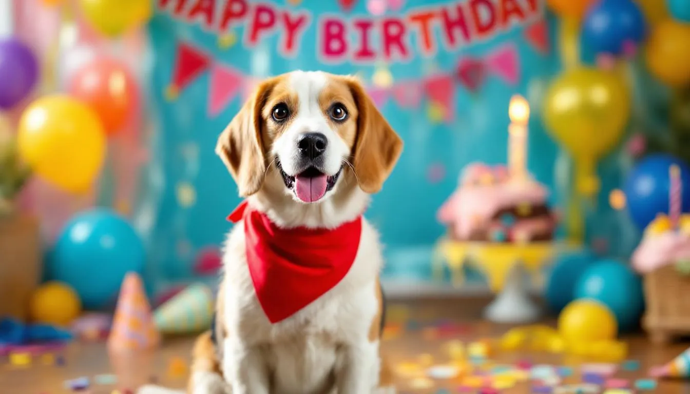 A beagle wearing a bright red birthday bandana sits happily in a decorated party space filled with colorful decorations and a festive atmosphere, ready to celebrate its special day with treats and gifts. This joyful scene captures the essence of a memorable dog birthday party.