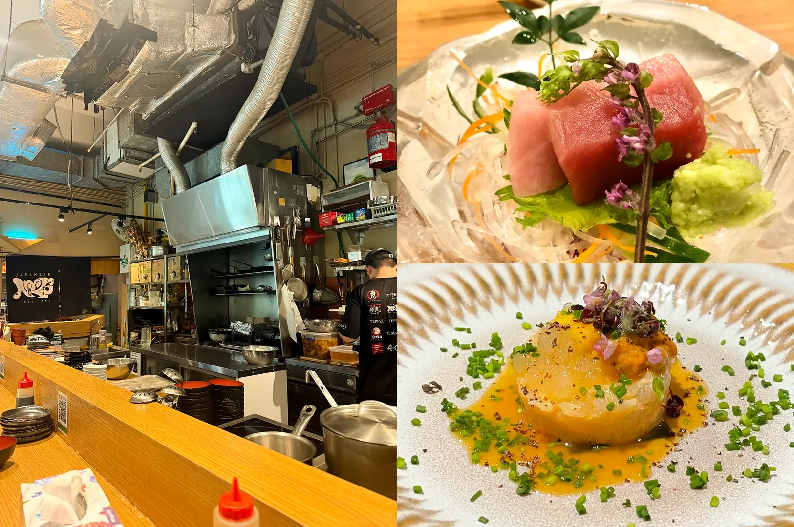 Left: Wide-angle, eye-level view of an open Japanese restaurant kitchen and counter seating area, featuring exposed ventilation ducts, stainless-steel cooking equipment, wooden countertops, stacked bowls, condiment bottles, and chefs’ workstations under bright indoor lighting. Upper Right: Close-up, slightly top-down view of thick-cut tuna sashimi cubes served on shredded radish and green leaves with wasabi and edible flowers in a glass bowl, showcasing vibrant color contrast and delicate garnish details. Lower Right: Top-down close-up of an elegantly plated seafood dish topped with orange sauce, finely chopped chives, edible flowers, and seasoning, arranged on a textured ceramic plate with a refined restaurant-style presentation.