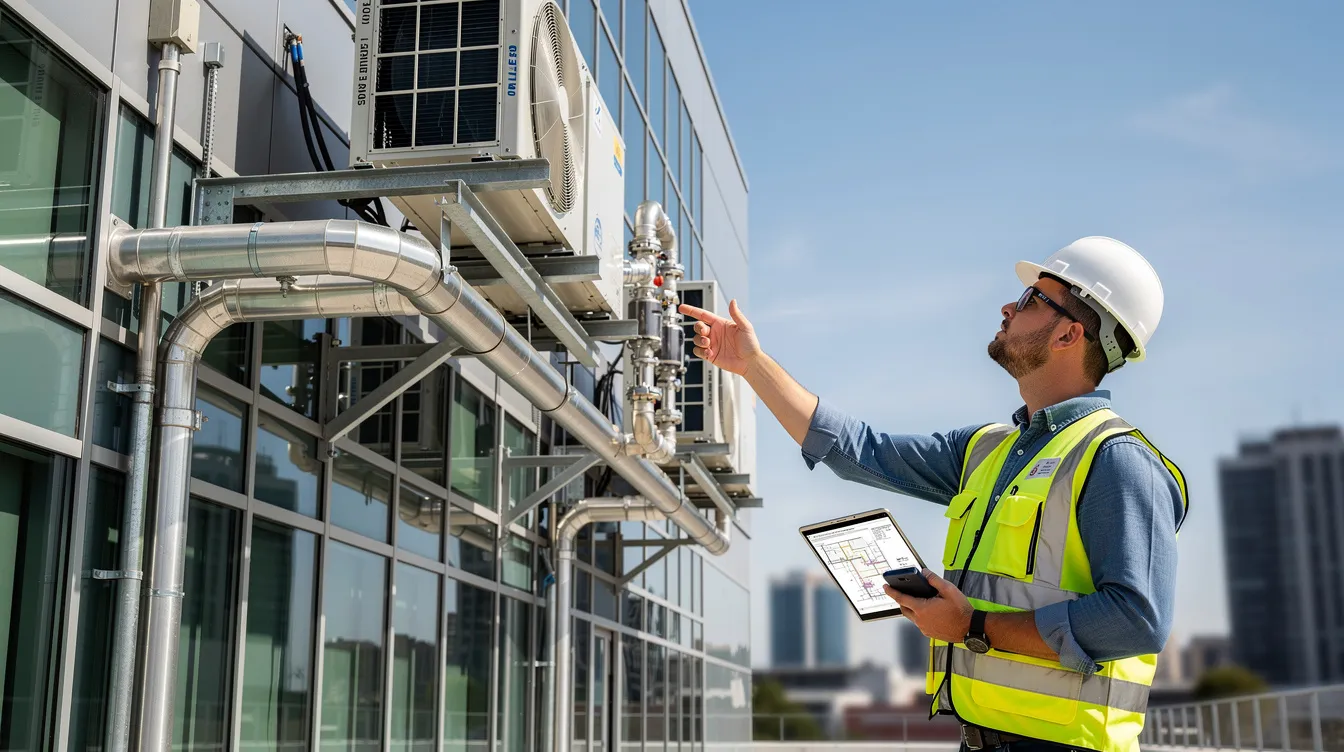 An engineer is inspecting the exterior of a building, focusing on its mechanical systems to ensure proper functioning and regulatory compliance. This professional property management service is essential for property owners and managers to maintain the long-term value and safety of rental properties in New York City.