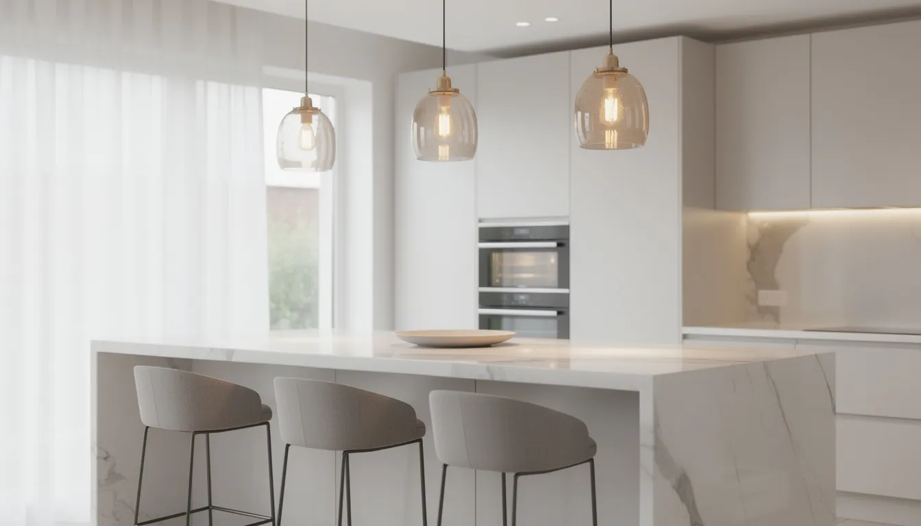 Three elegant glass pendant lights hang above a polished marble kitchen island, providing focused task lighting for the space, complemented by stylish bar stools. This layered lighting design enhances the kitchen's ambiance, creating a warm and inviting atmosphere.