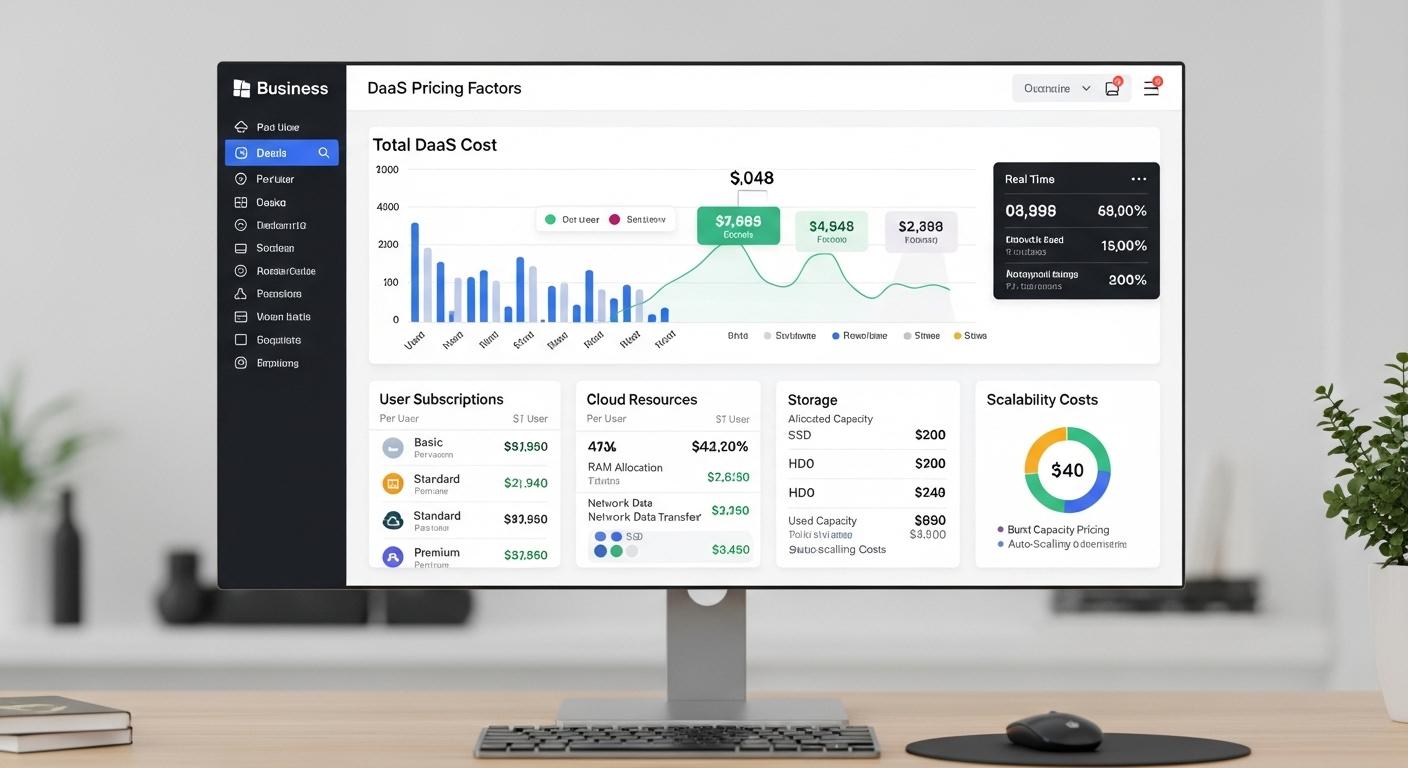 usiness dashboard displaying DaaS pricing factors including user subscriptions, cloud resources, storage, and scalability costs.