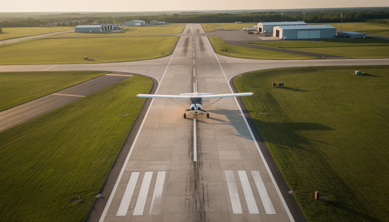 An aerial view shows a small aircraft flying parallel to a runway, indicating its position in the traffic pattern. The aircraft is likely maintaining a standard pattern altitude as it prepares for its final approach, demonstrating the typical flow of traffic at a towered airport.