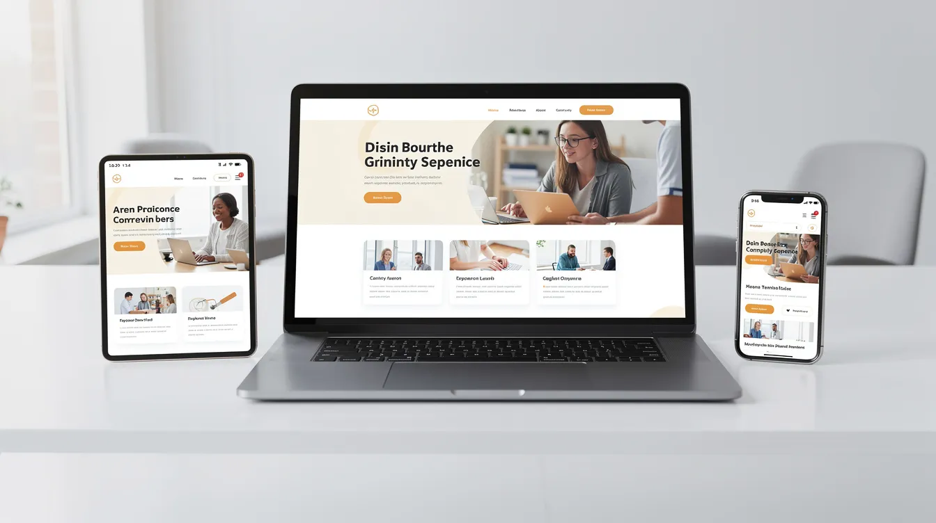 The image showcases a modern website design displayed on a laptop, tablet, and smartphone, illustrating a responsive layout ideal for small business owners. This setup highlights the versatility of a website builder that caters to various devices, emphasizing the importance of a professional online presence for service-based businesses.
