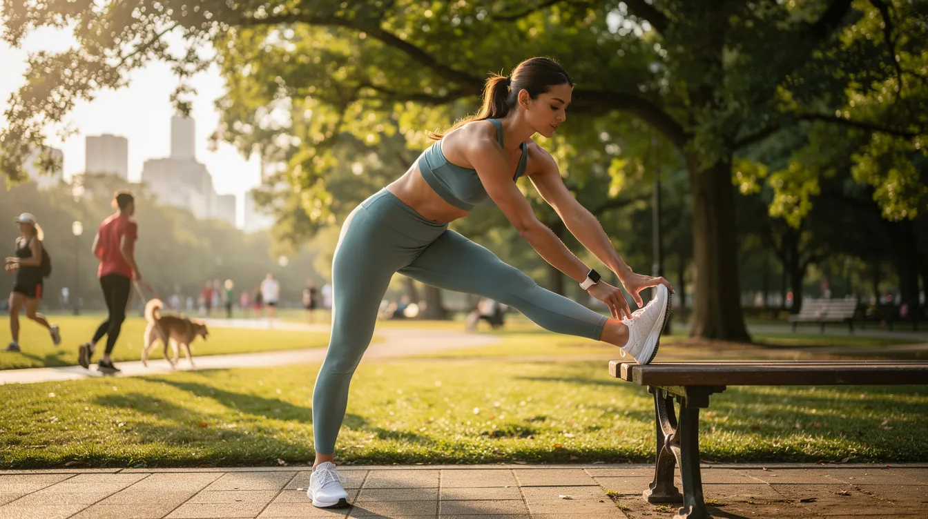 The image shows a woman in activewear stretching outdoors in a park, promoting a healthy lifestyle. Her pose emphasizes the contours of her thighs, which may inspire those considering thigh lift procedures to address issues like excess skin or sagging thighs.