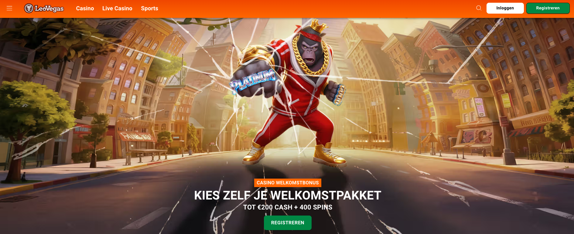 Homepage van LeoVegas, een populaire legale Nederlandse goksite, met casino welkomstbonus en opties voor online gokken in Nederland via een platform met vergunning van de Kansspelautoriteit.