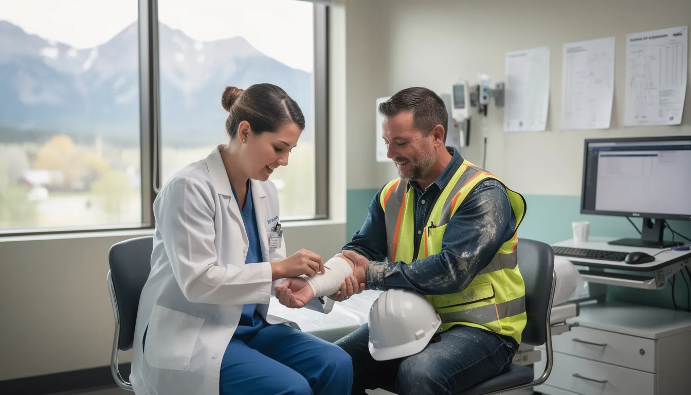 A medical professional is seen providing treatment to an injured worker in a Colorado healthcare facility, emphasizing the importance of medical care for workplace injuries. This scene highlights the critical role of healthcare providers in assisting injured workers who may need to navigate workers compensation claims and related benefits.
