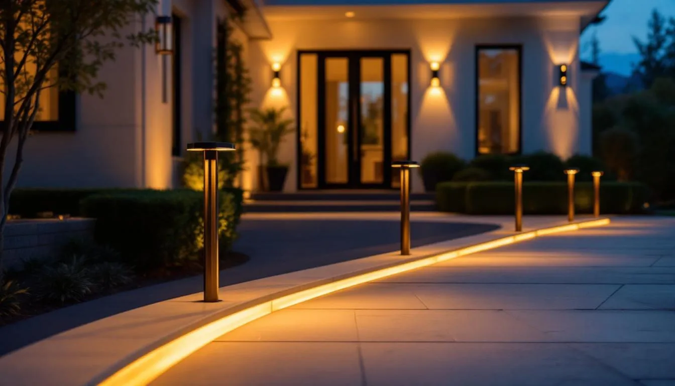 An elegant pathway illuminated by warm LED fixtures leads to a beautifully lit front entrance, enhancing the home's curb appeal and creating an inviting atmosphere. The well-defined walkway invites guests toward the front door, showcasing the thoughtful design of the home's exterior.