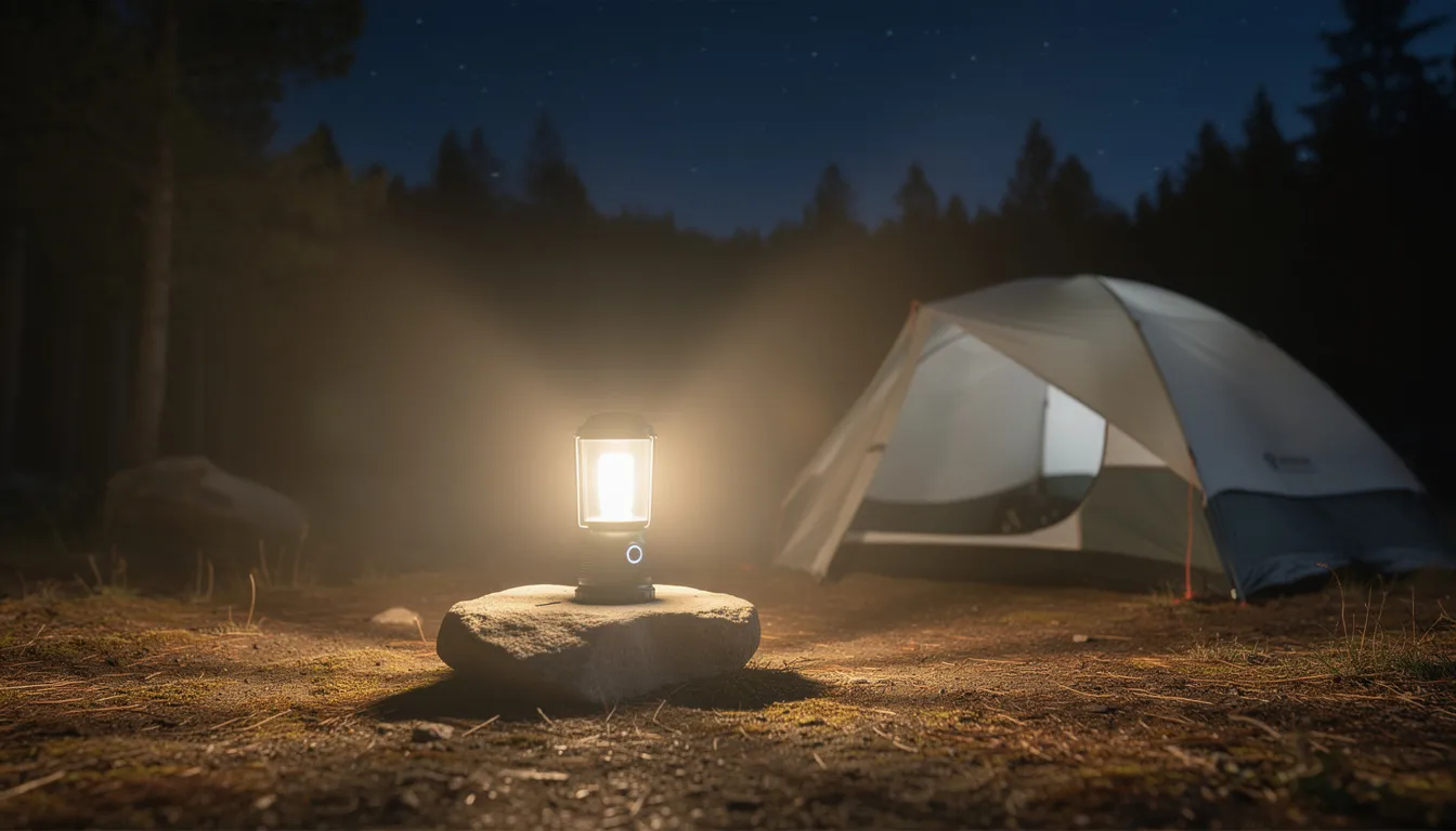 A propane lantern is safely set up outdoors, away from the tent, providing bright light with adjustable brightness for optimal visibility. The lantern is positioned on a sturdy table, ensuring proper ventilation while illuminating the surrounding area.