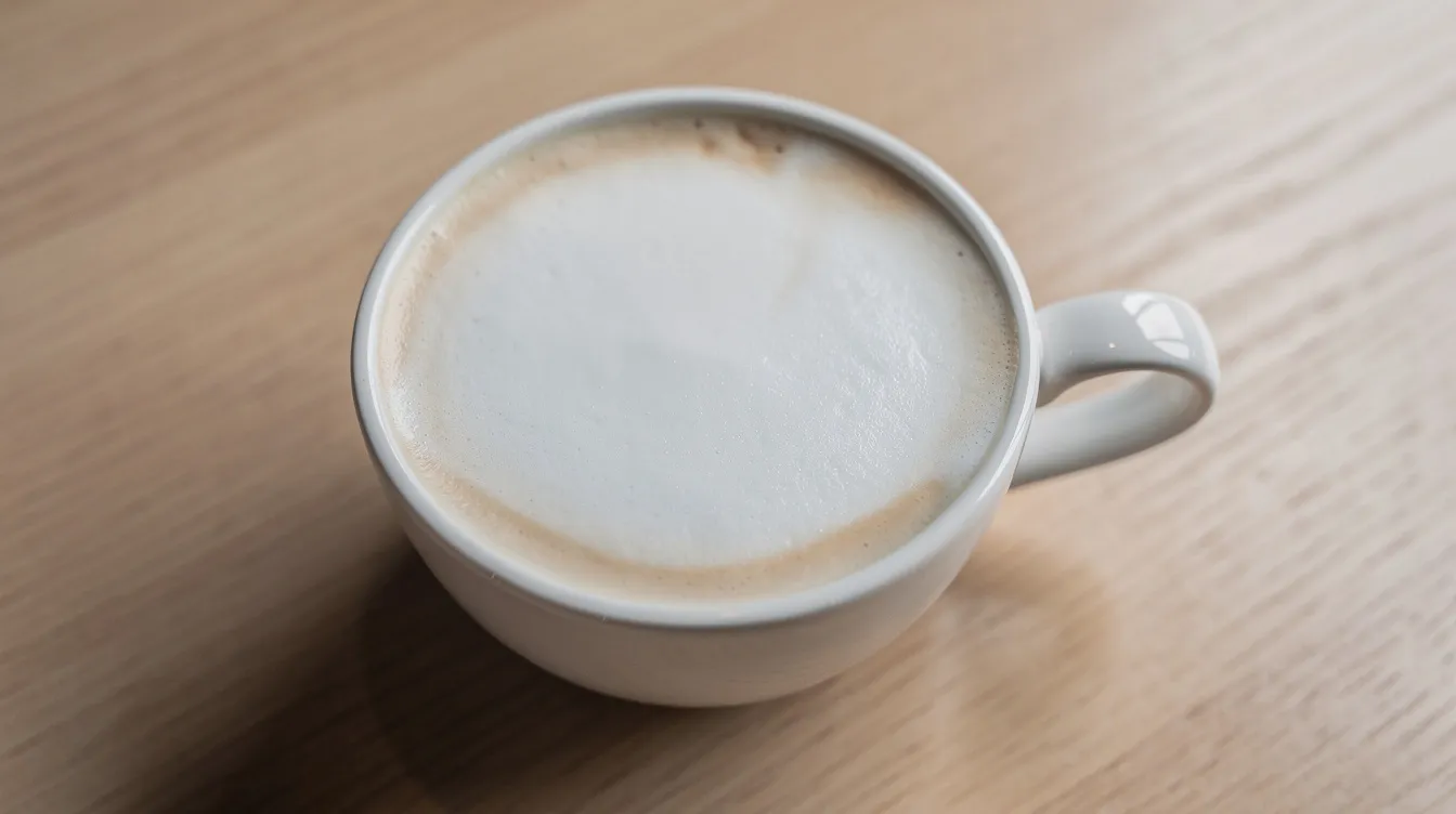 Ein Flat White, fotografiert von oben, in einer kleinen weißen Keramiktasse, zeigt eine glatte und samtige Milchschaumoberfläche, die die perfekte Konsistenz für ein genussvolles Kaffeegetränk bietet. Die ansprechende Präsentation und der milde Milchgeschmack machen dieses Getränk zu einer beliebten Wahl unter den Kaffeespezialitäten.