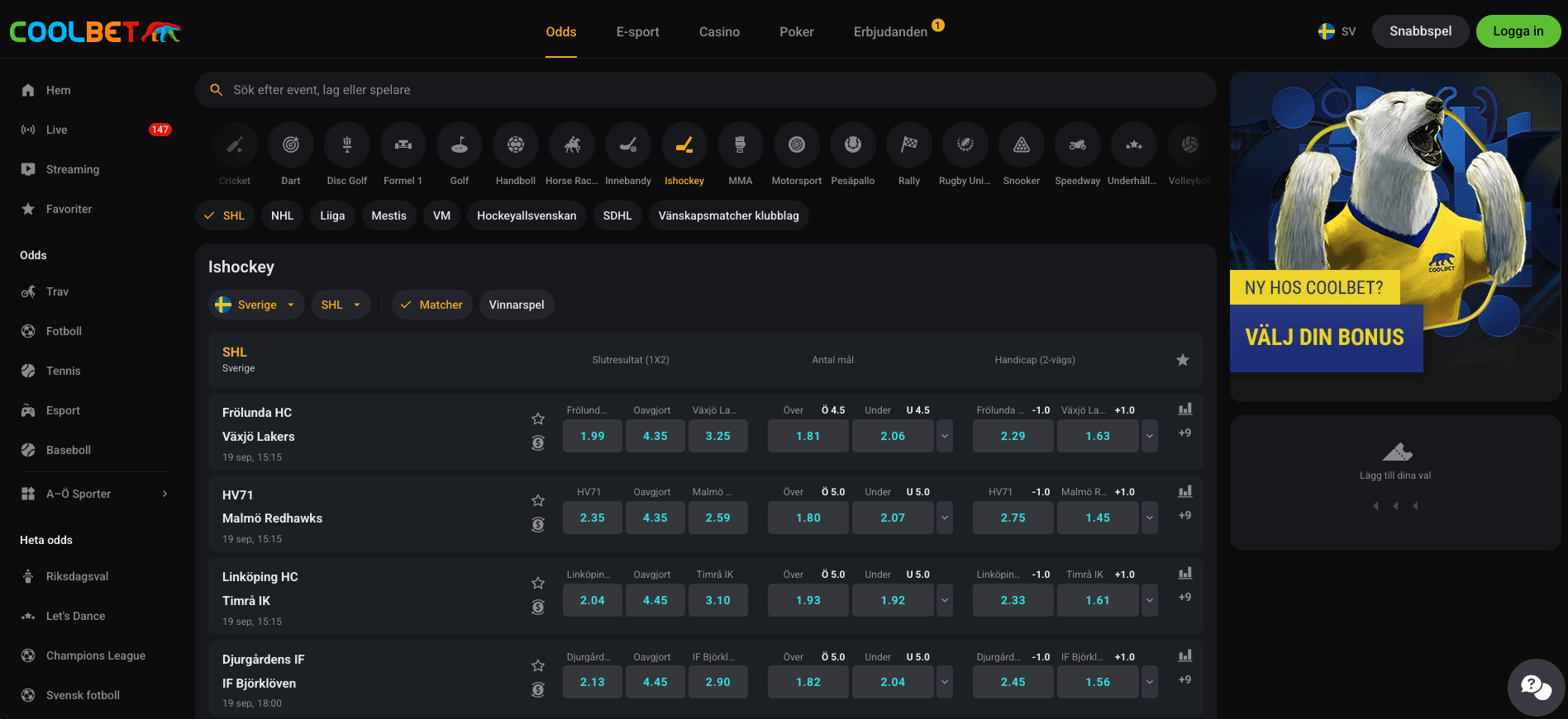 coolbet odds shl