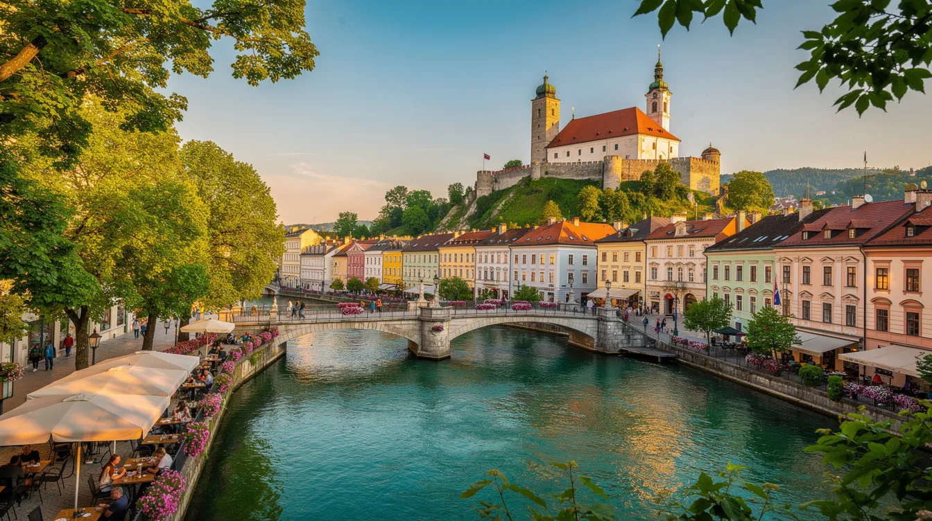 A imagem retrata um belo cenário de Ljubljana no verão, com suas ruas vibrantes e arquitetura charmosa, refletindo a cultura europeia da cidade. Ao fundo, é possível ver a famosa Igreja de São Marcos, que adiciona um toque histórico à paisagem, enquanto o clima mediterrâneo convida a aproveitar a vida ao ar livre.