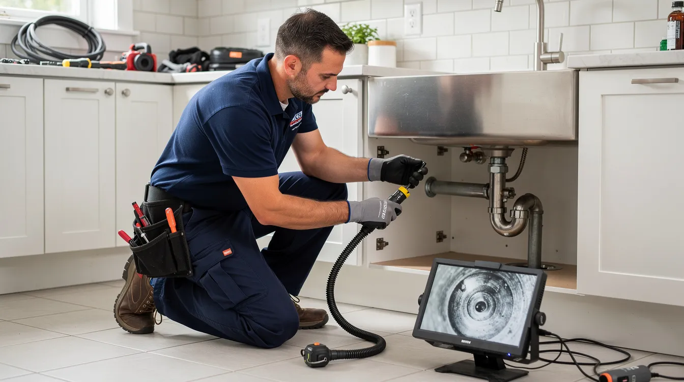A professional plumber is inspecting a residential drain using specialized equipment, ensuring the plumbing system is functioning properly and addressing any potential drainage issues. This expert technician is committed to providing reliable drain cleaning services to maintain customer satisfaction and effectively clear clogs.