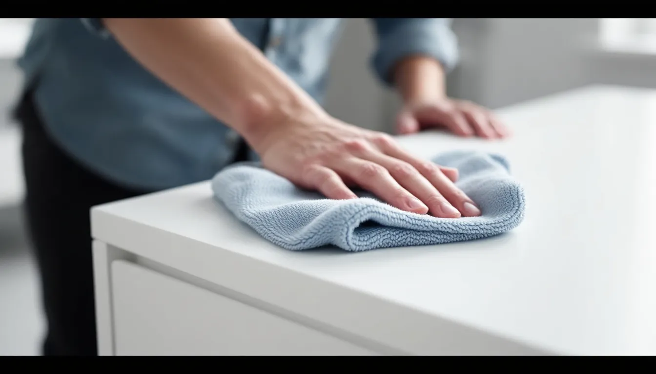 A close-up image shows a microfiber cloth being used to clean a white furniture surface, demonstrating proper cleaning techniques for maintaining the shine of modern bedroom furniture like bedside tables and dressers. The focus highlights the texture of the cloth against the smooth finish of the white bedroom suite.