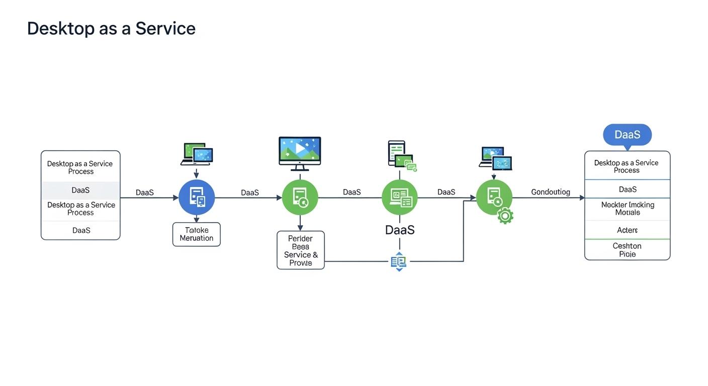 Desktop as a Service workflow diagram showing user login, secure internet connection, cloud infrastructure, virtual desktop delivery, and application access.