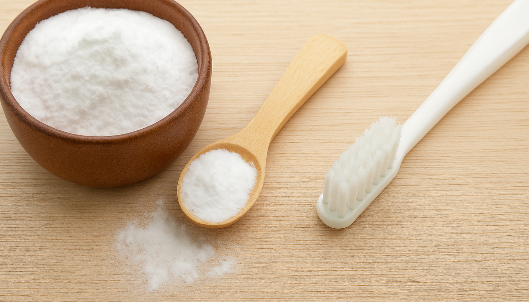 Natron i trebolle med skje og tannbørste på bord, symboliserer naturlig hjelp for hvitere tenner.