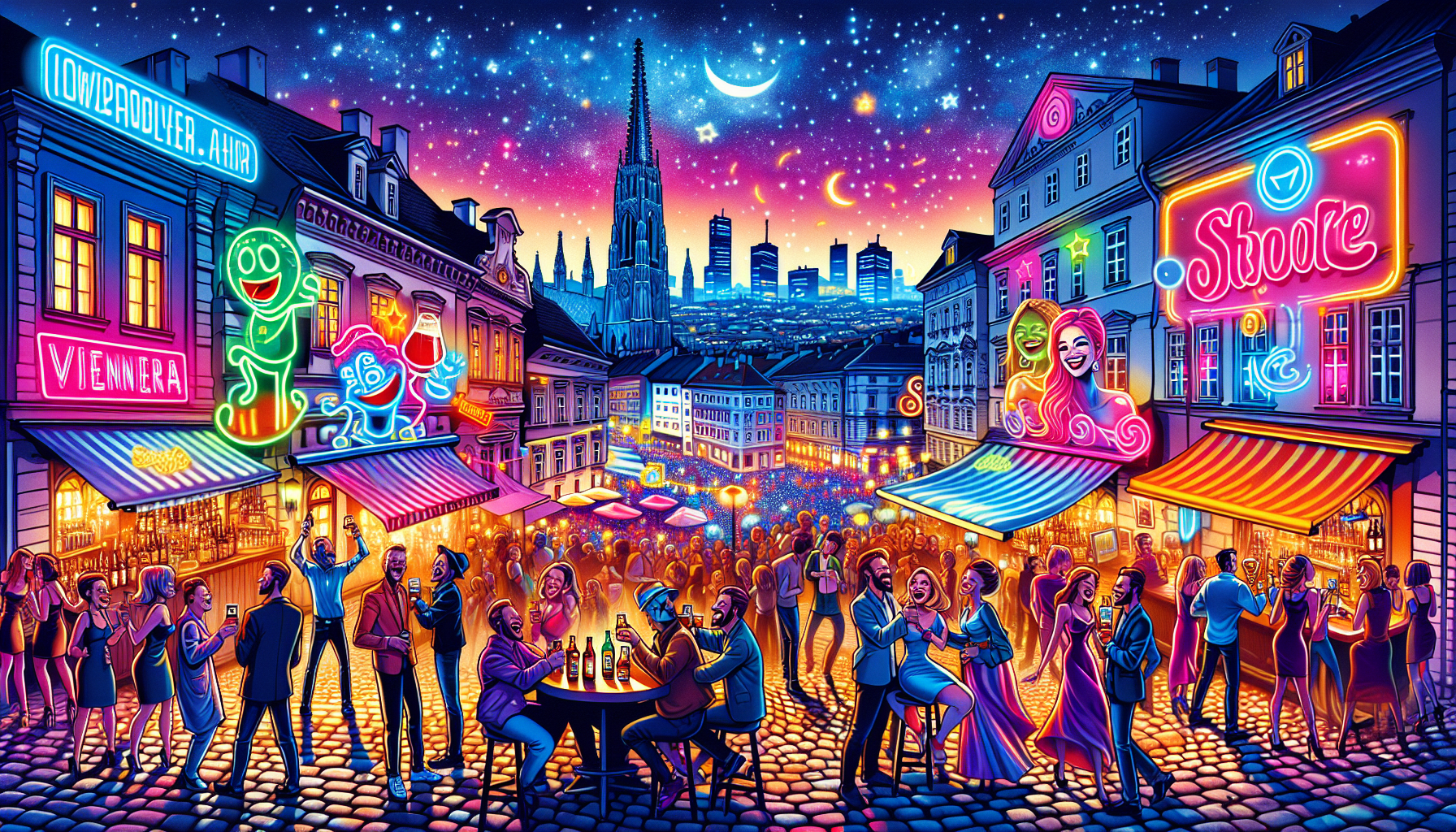 An artistic representation of Vienna's nightlife, highlighting the vibrant bars and clubs suitable for stag parties.